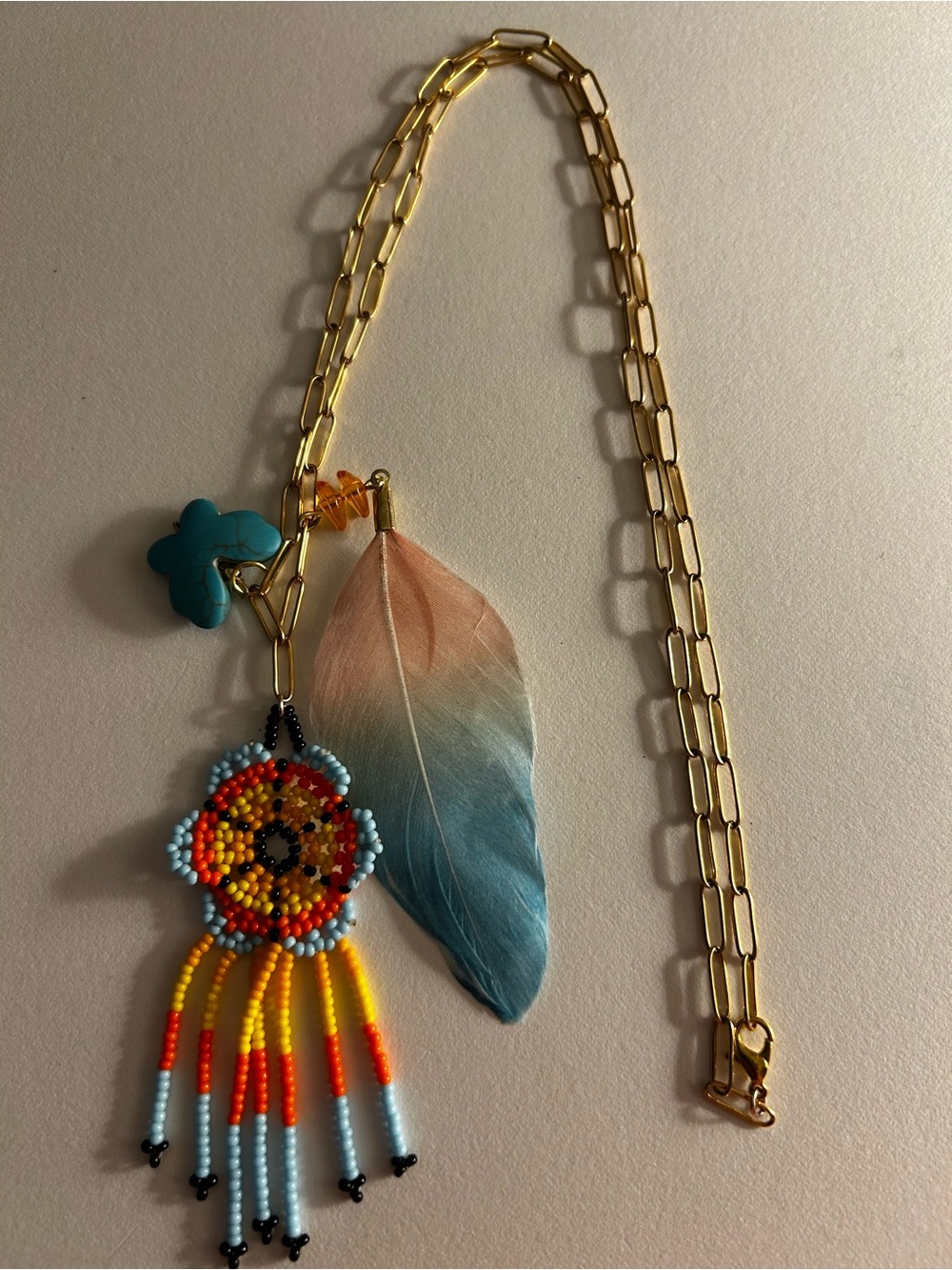 NWOT Necklace Huichol blue orange beaded fringe disk, Howlite Butterfly, feather
